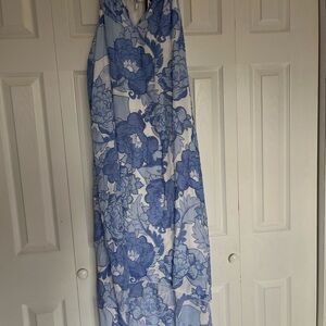 Mlle Gabrielle Blue and White Floral Dress with Pearl Accent